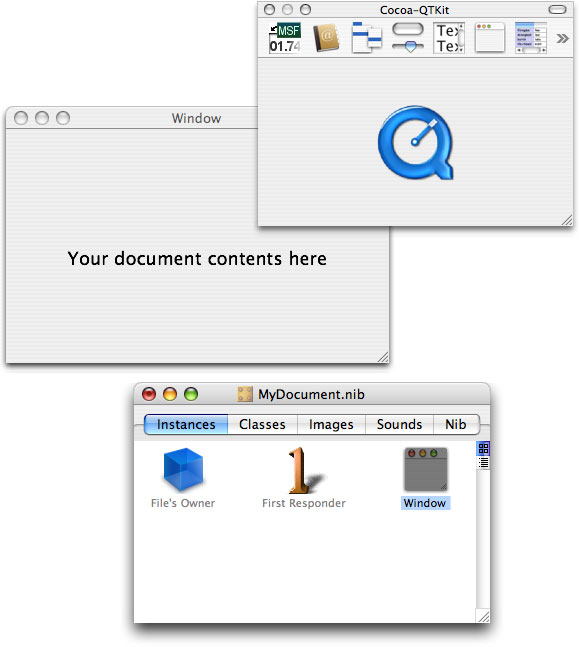 MyDocument.nib with the QTKit palette and a window selected