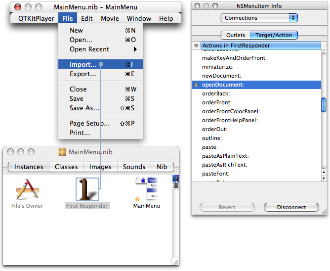 The MainMenu nib file with the Import menu item hooked up to First Responder and the openDocument action connected