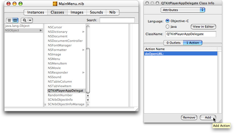Actions added to the QTKitPlayAppDelegate class in the Attributes pane