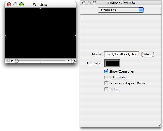 The QTMovieView Attributes pane