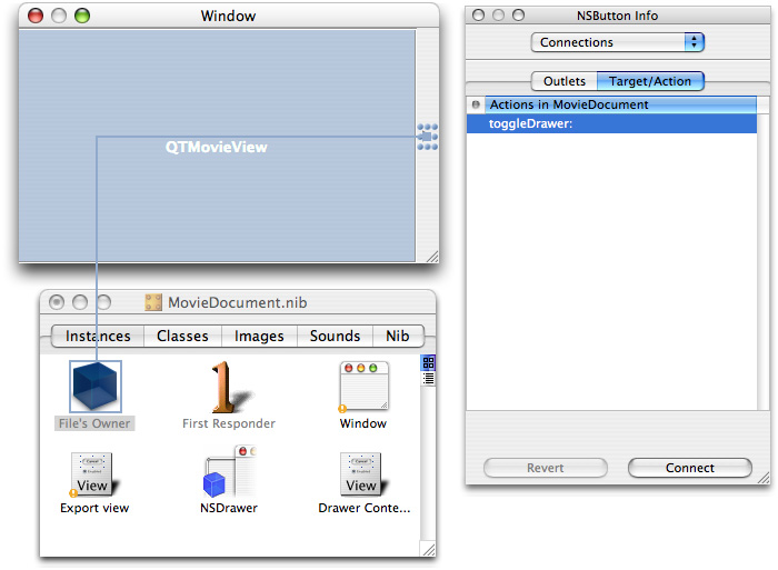 Wiring up the toggle drawer target and action in the MovieDocument.nib