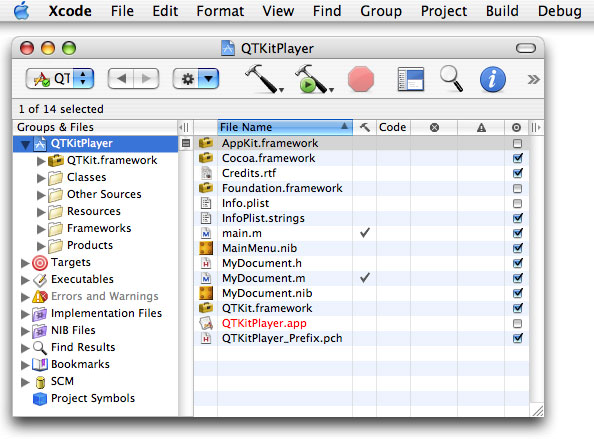 The QTKitPlayer application in Xcode