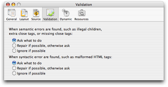 Validation preferences