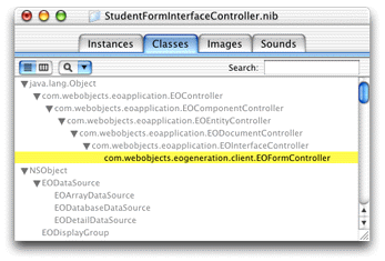 Classes pane in the nib file window