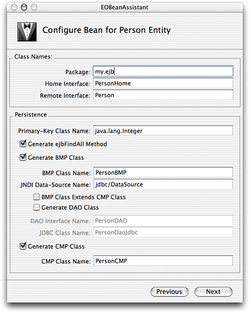 The Configure Bean pane of EOBeanAssistant