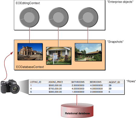 Relationship between rows, snapshots, and enterprise objects