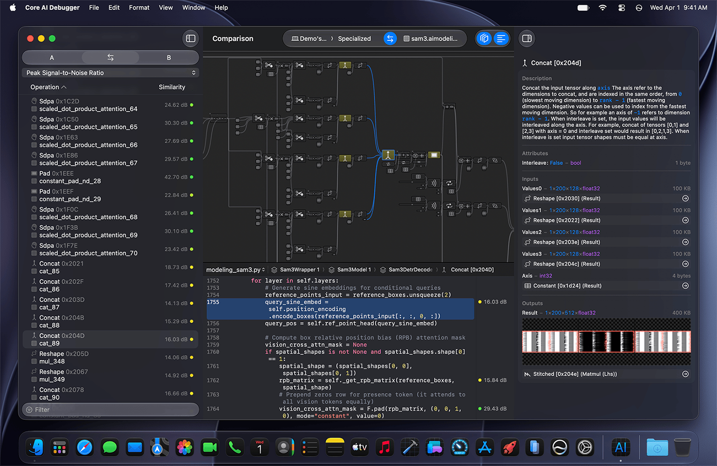 The Core AI Debugger app showing a side-by-side model comparison, with a list of operations and similarity scores on the left, a node graph in the center, and a selected Concat operation's details and tensor output on the right.
