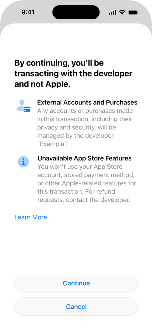 iPhone screen showing in-app disclosure sheet for alternative in-app payment processing