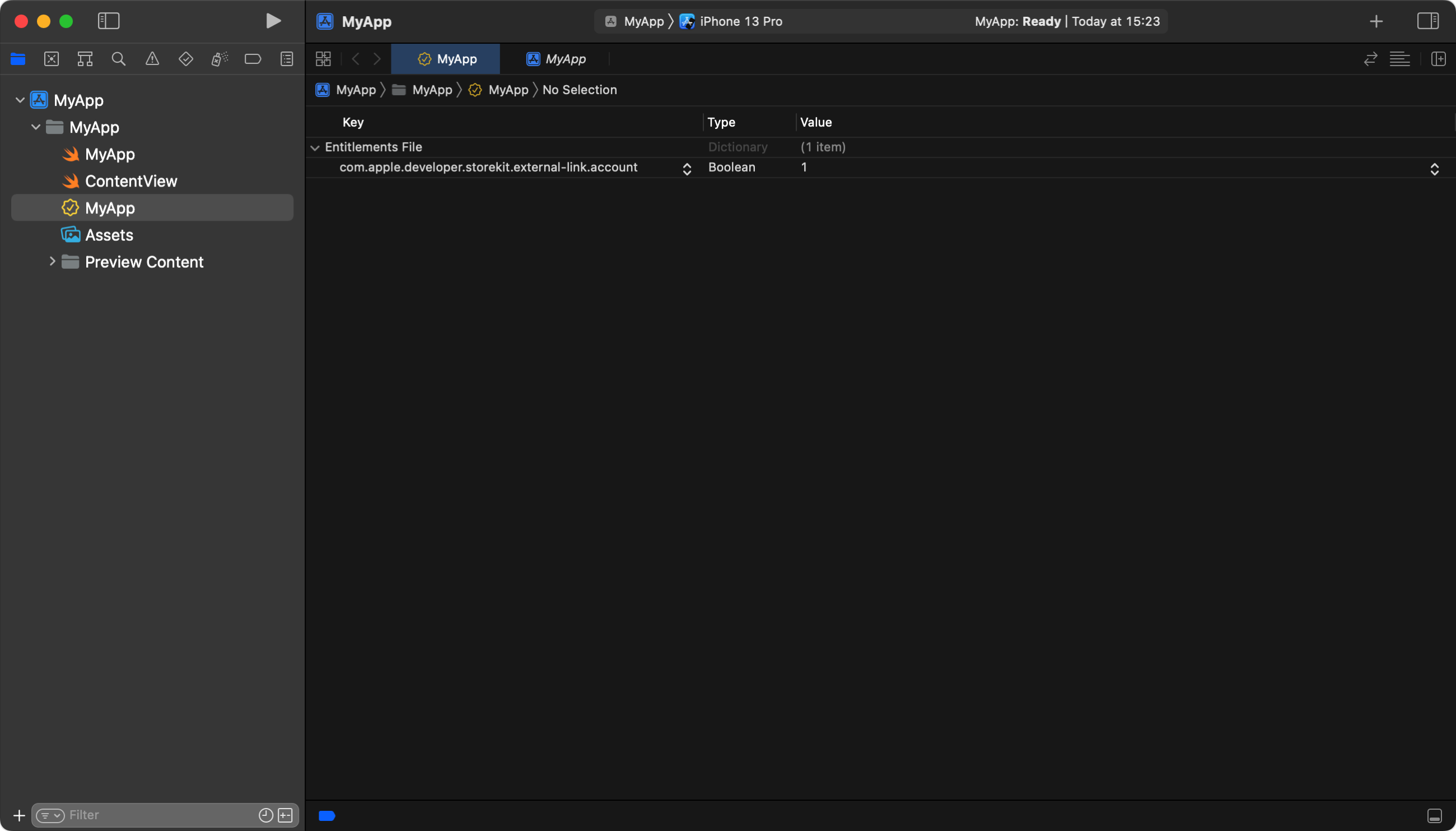 Screenshot of the entitlement being enabled in Xcode